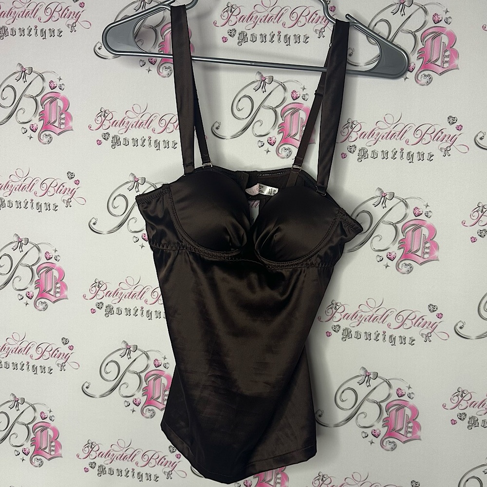 Blush bustier Brown Satin corset style Top tank shiny keyhole opening sexy y2k